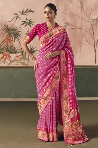 Pink bandhej weaving work faux khaddi georgette saree