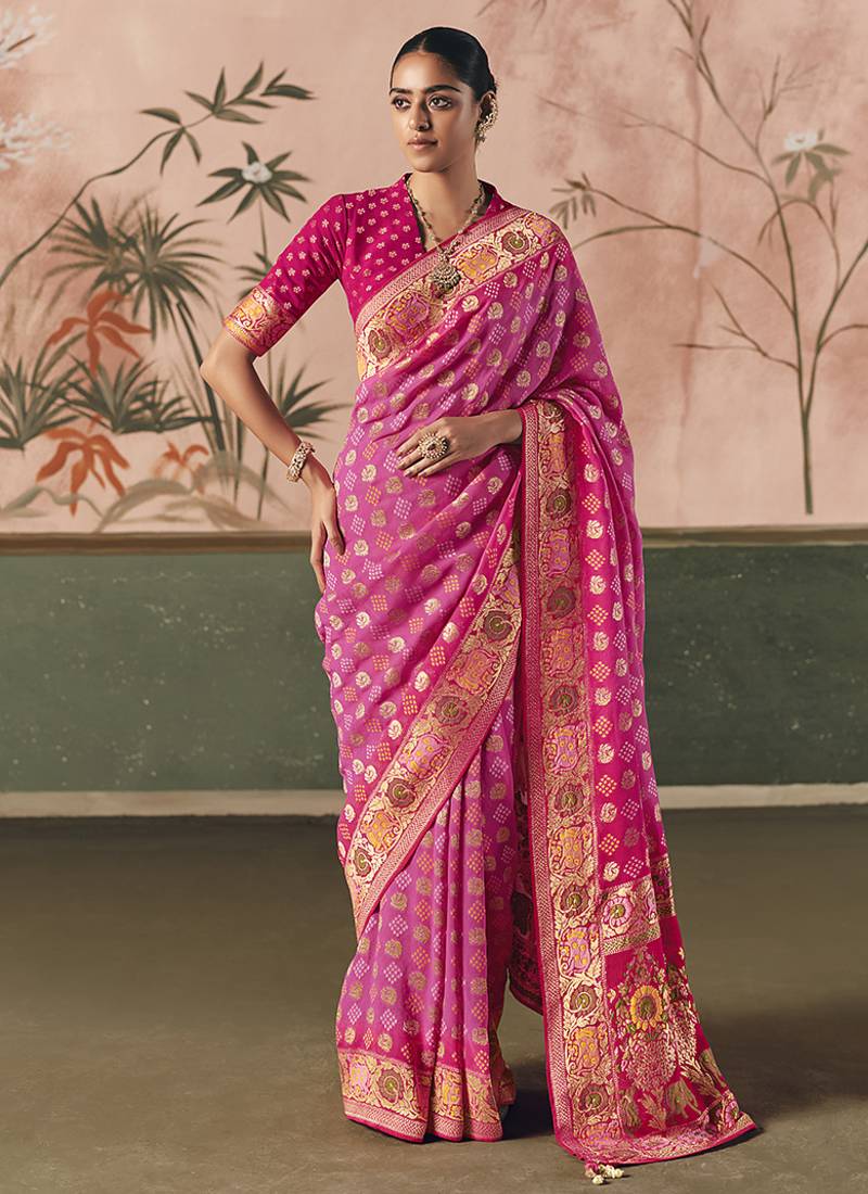 Pink bandhej weaving work faux khaddi georgette saree
