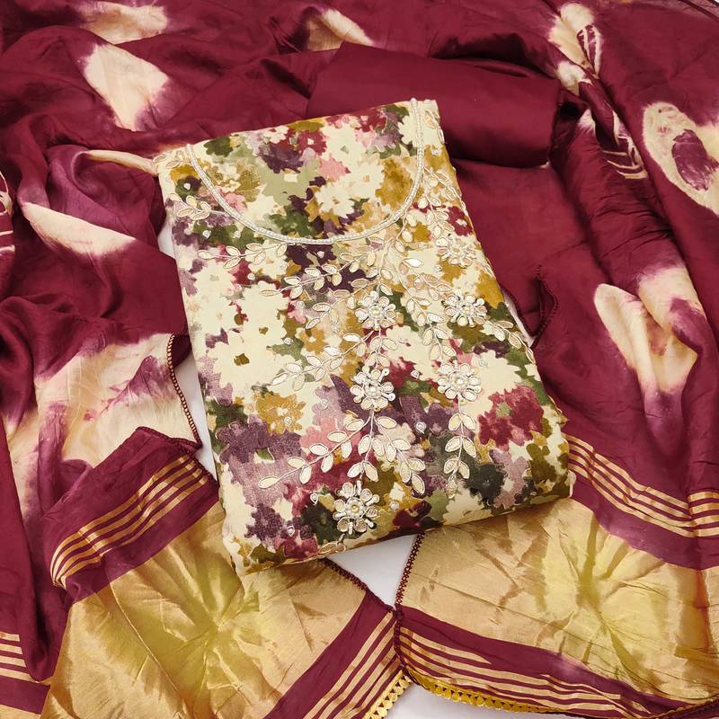 Multicolor hand embroidery cotton semi stitched churidar dress-materials