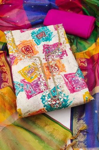 Multicolor hand embroidery cotton semi stitched churidar dress-materials