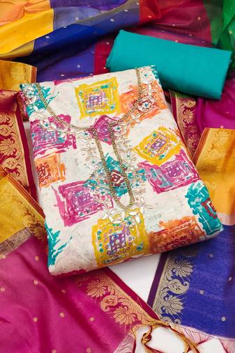 Multicolor hand embroidery cotton semi stitched churidar dress-materials