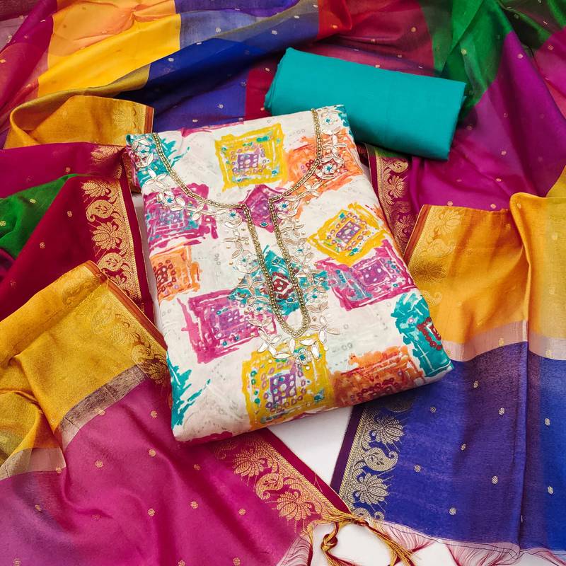 Multicolor hand embroidery cotton semi stitched churidar dress-materials