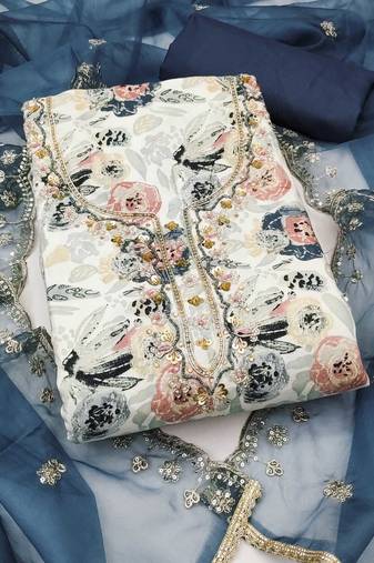 Multicolor hand embroidery cotton semi stitched churidar dress-materials