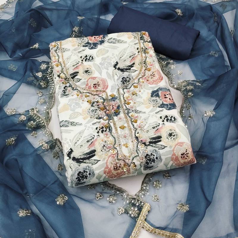 Multicolor hand embroidery cotton semi stitched churidar dress-materials