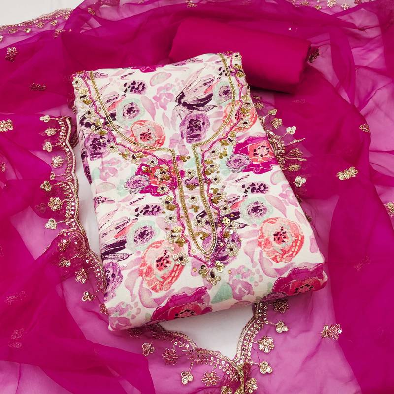 Multicolor hand embroidery cotton semi stitched churidar dress-materials