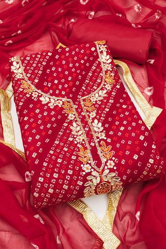 Red hand embroidery cotton semi stitched churidar dress-materials