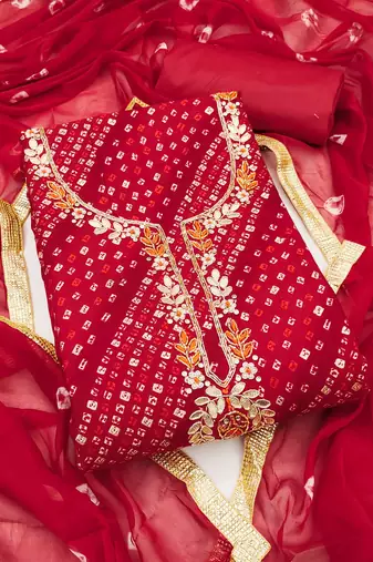 Red hand embroidery cotton semi stitched churidar dress-materials