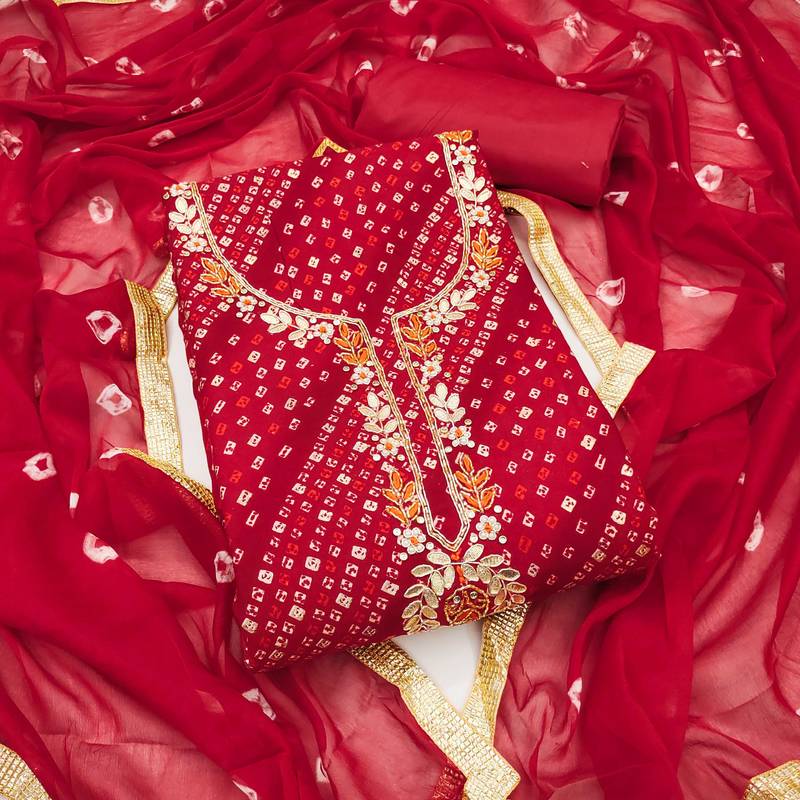 Red hand embroidery cotton semi stitched churidar dress-materials
