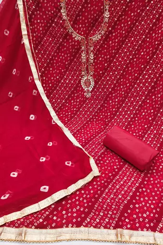 Red hand embroidery cotton churidar dress-materials