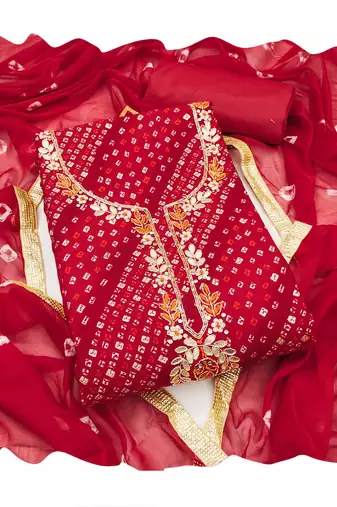 Red hand embroidery cotton churidar dress-materials