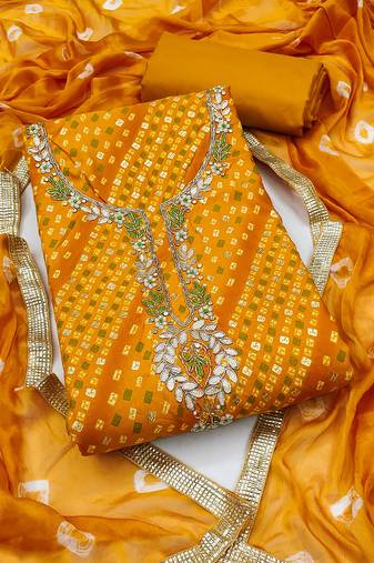 Yellow hand embroidery cotton semi stitched churidar dress-materials