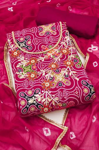 Pink hand embroidery cotton semi stitched churidar dress-materials
