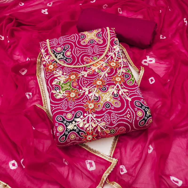 Pink hand embroidery cotton semi stitched churidar dress-materials