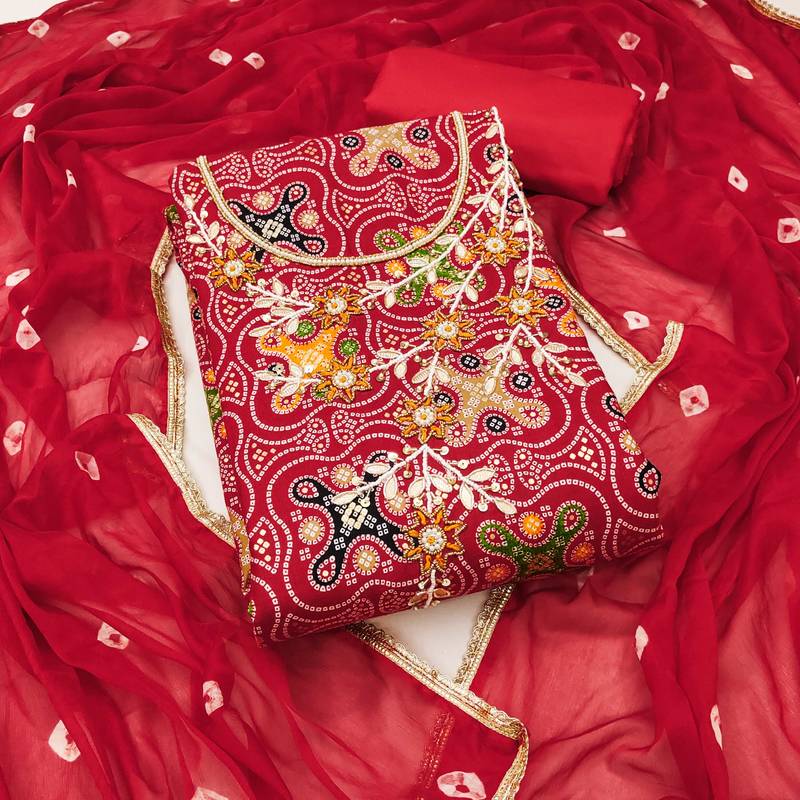 Red hand embroidery cotton semi stitched churidar dress-materials