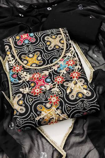 Black hand embroidery cotton semi stitched churidar dress-materials