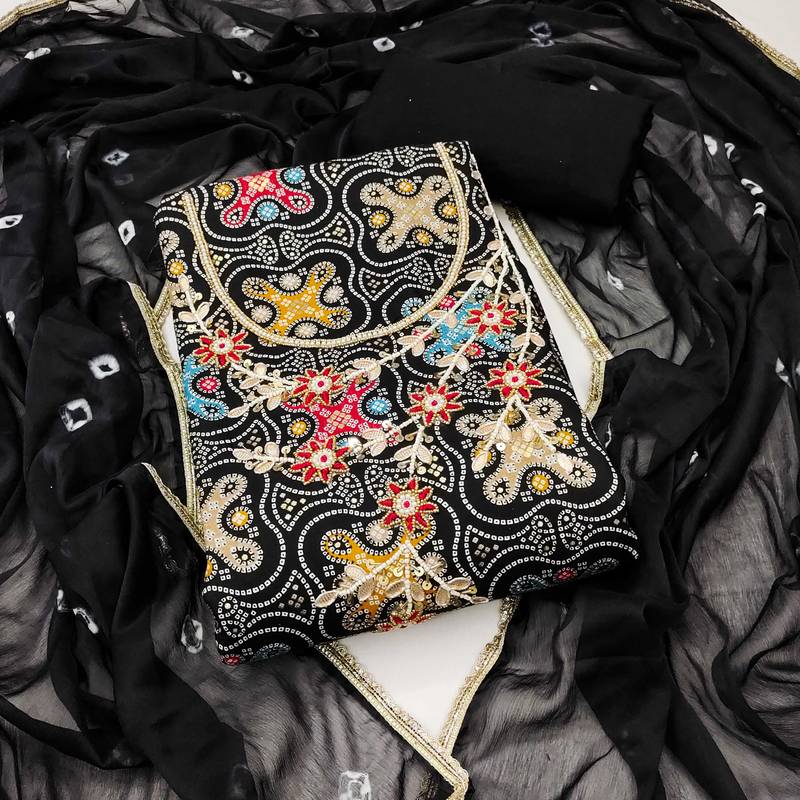 Black hand embroidery cotton semi stitched churidar dress-materials