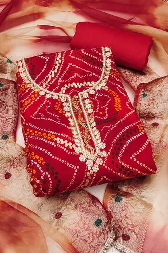 Red hand embroidery cotton semi stitched churidar dress-materials