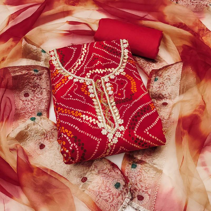 Red hand embroidery cotton semi stitched churidar dress-materials