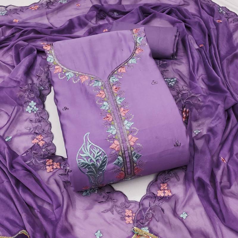 Lavender sequins cotton silk semi stitched churidar dress-materials
