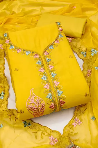 Yellow sequins cotton silk semi stitched churidar dress-materials