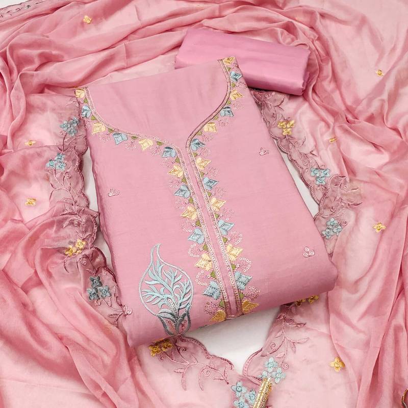 Baby-pink sequins cotton silk semi stitched churidar dress-materials