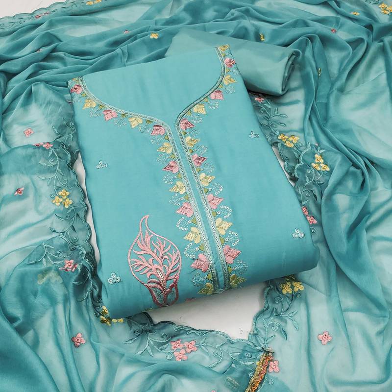 Sea-green sequins cotton silk semi stitched churidar dress-materials
