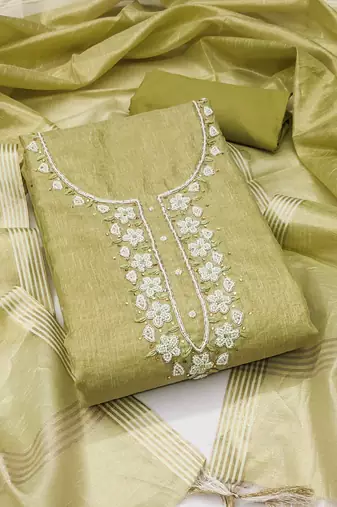 Olive hand embroidery cotton semi stitched churidar dress-materials