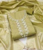 Olive hand embroidery cotton semi stitched churidar dress-materials