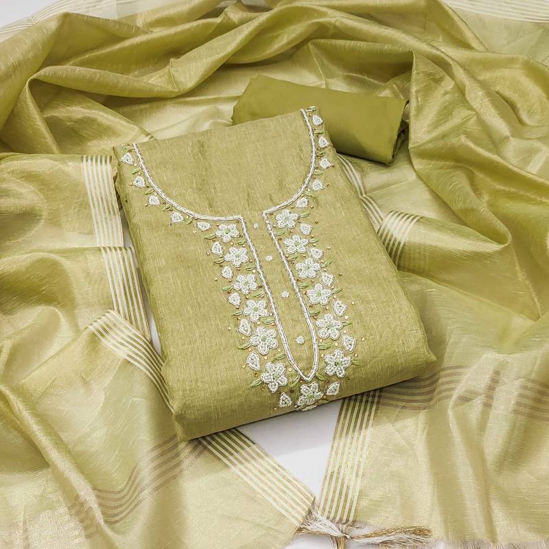 Olive hand embroidery cotton semi stitched churidar dress-materials