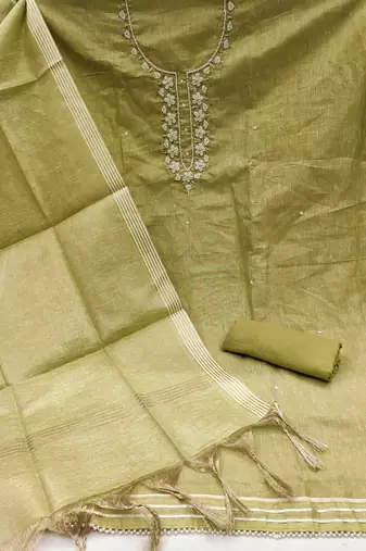 Olive hand embroidery cotton churidar dress-materials