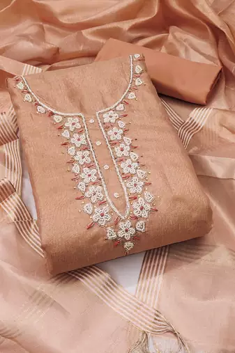 Peach hand embroidery cotton semi stitched churidar dress-materials