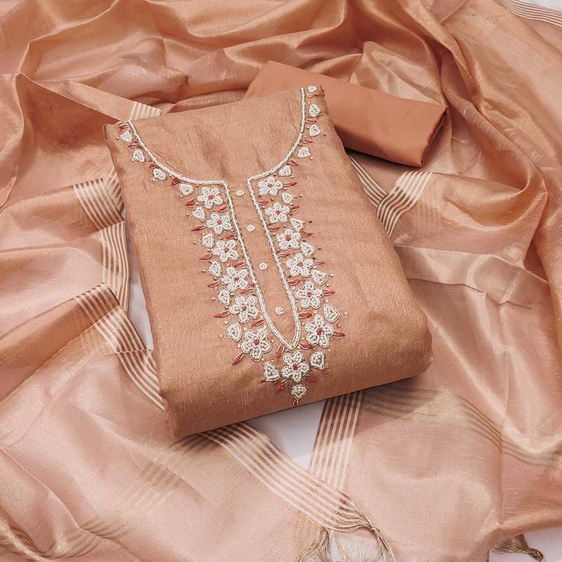 Peach hand embroidery cotton semi stitched churidar dress-materials
