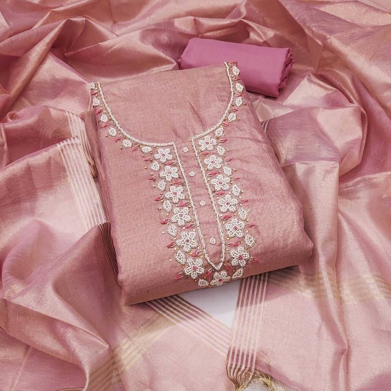 Pink hand embroidery cotton semi stitched churidar dress-materials