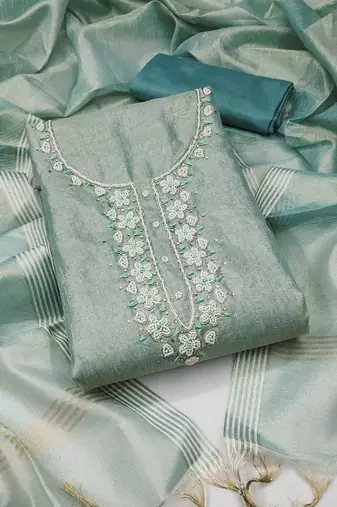 Sea-green hand embroidery cotton semi stitched churidar dress-materials