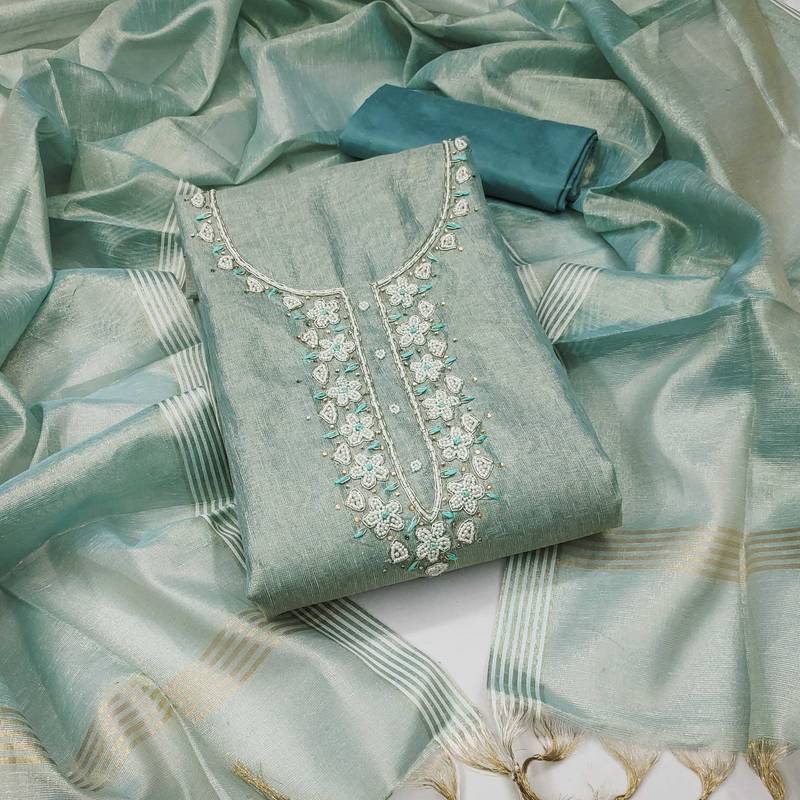Sea-green hand embroidery cotton semi stitched churidar dress-materials