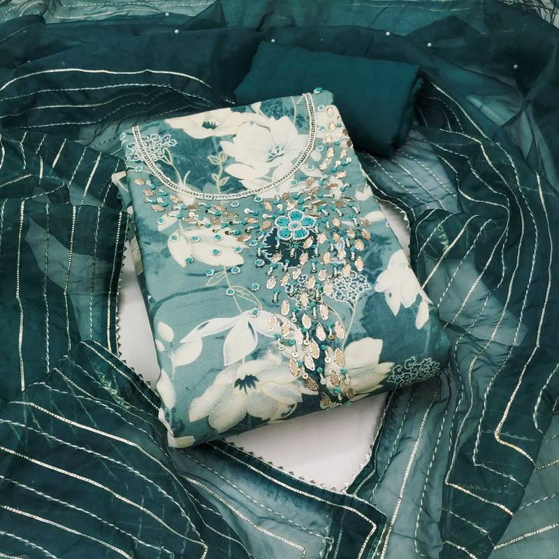 Multicolor embroidered cotton silk semi stitched churidar dress-materials