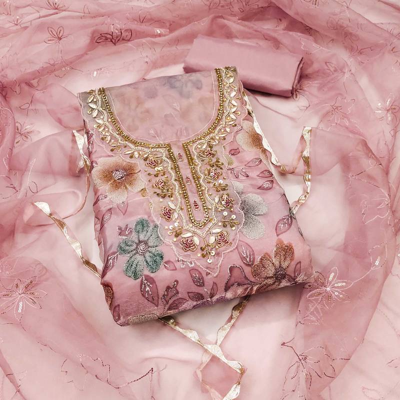 Purple embroidered organza semi stitched churidar dress-materials