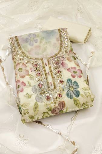 Beige embroidered organza semi stitched churidar dress-materials