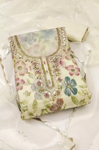 Beige embroidered organza semi stitched churidar dress-materials