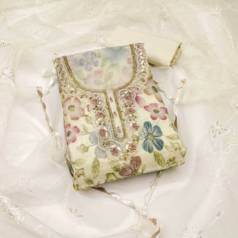 Beige embroidered organza semi stitched churidar dress-materials