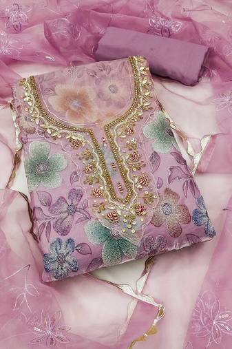 Lavender embroidered organza semi stitched churidar dress-materials