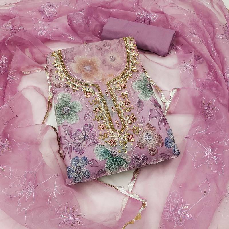 Lavender embroidered organza semi stitched churidar dress-materials