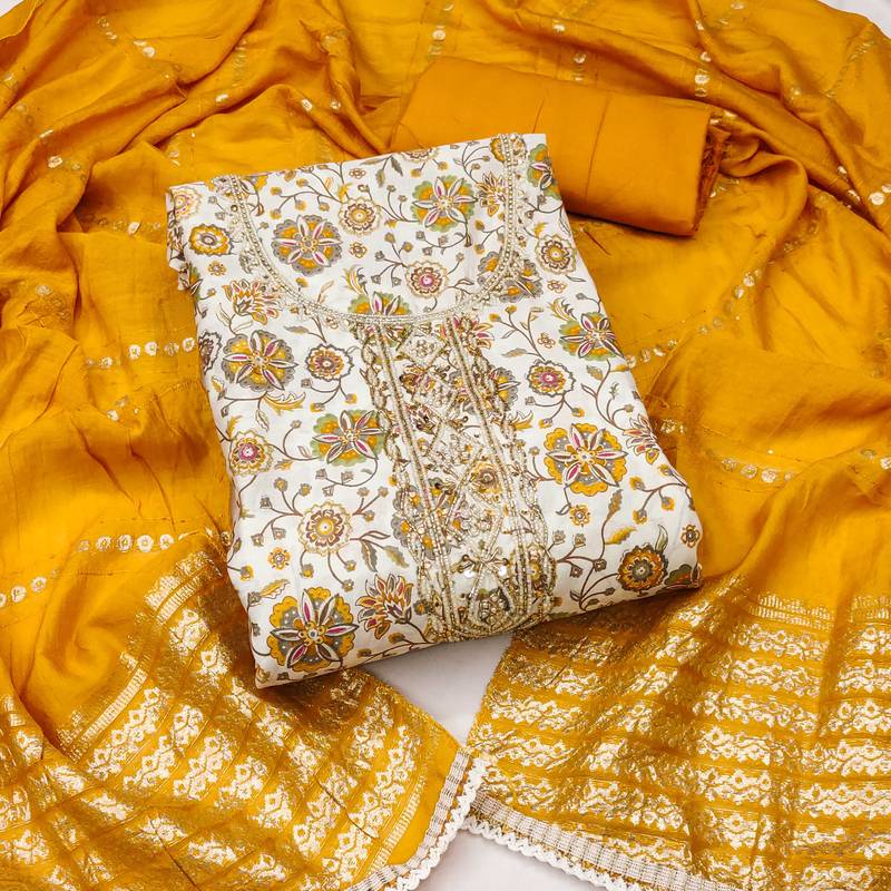 Multicolor embroidered cotton silk semi stitched churidar dress-materials