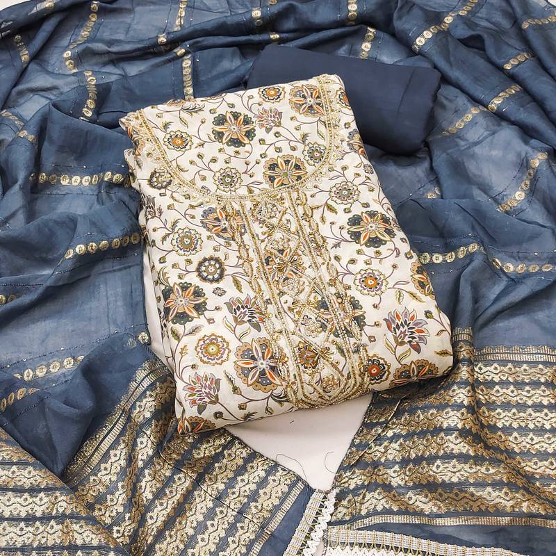 Multicolor embroidered cotton silk semi stitched churidar dress-materials