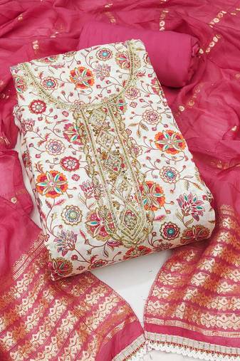 Multicolor embroidered cotton silk semi stitched churidar dress-materials