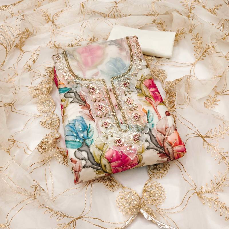 Multicolor embroidered organza semi stitched churidar dress-materials