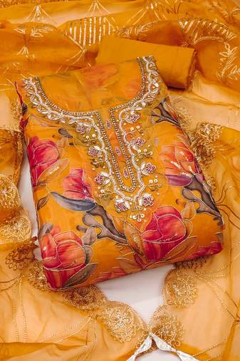 Multicolor embroidered organza semi stitched churidar dress-materials