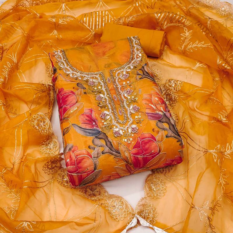 Multicolor embroidered organza semi stitched churidar dress-materials