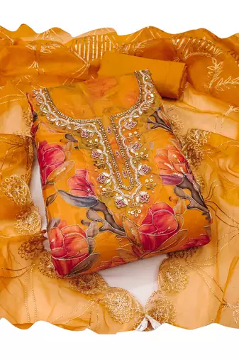 Multicolor embroidered organza churidar dress-materials
