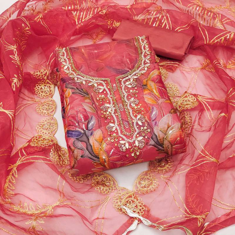 Multicolor embroidered organza semi stitched churidar dress-materials